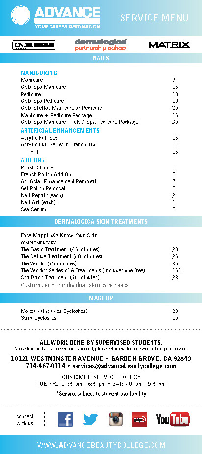 Advance Beauty College Service Menu