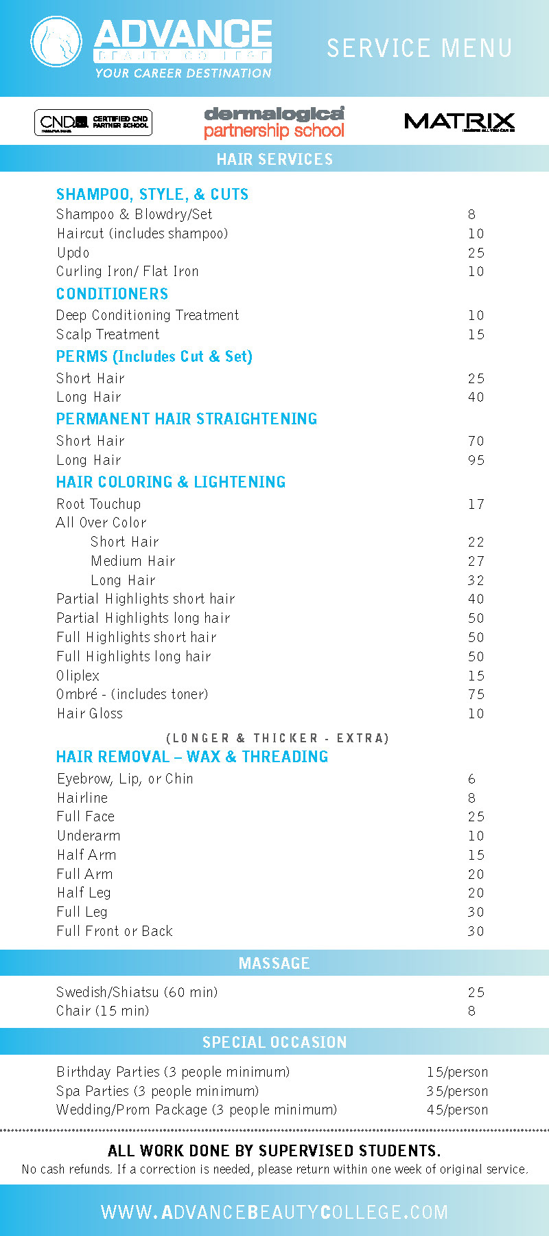 Advance Beauty College Service Menu