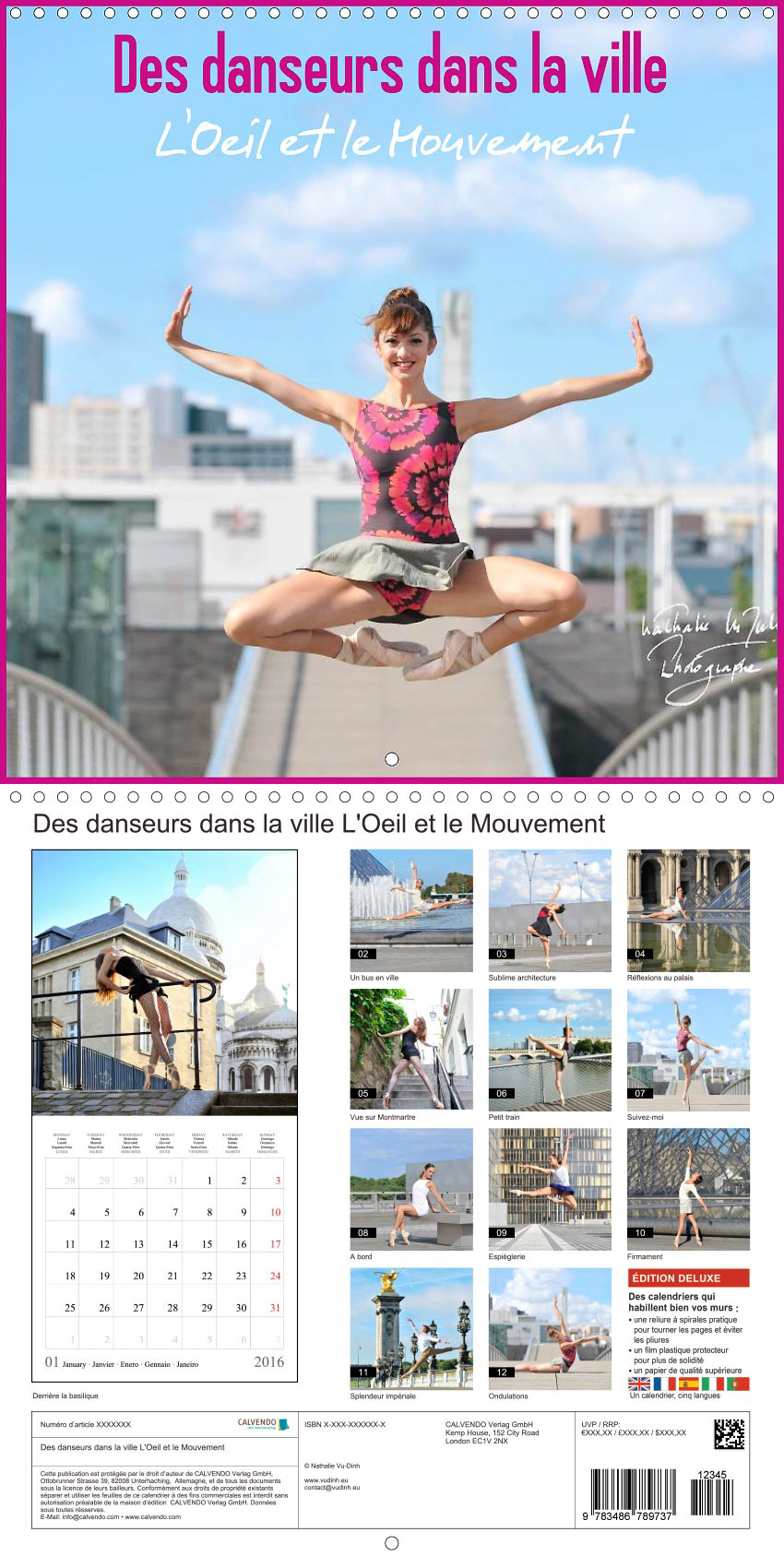 Calendrier DES DANSEURS DANS LA VILLE 1, version 2021 en anglais et en français, format carré, avec liens vers les points de vente