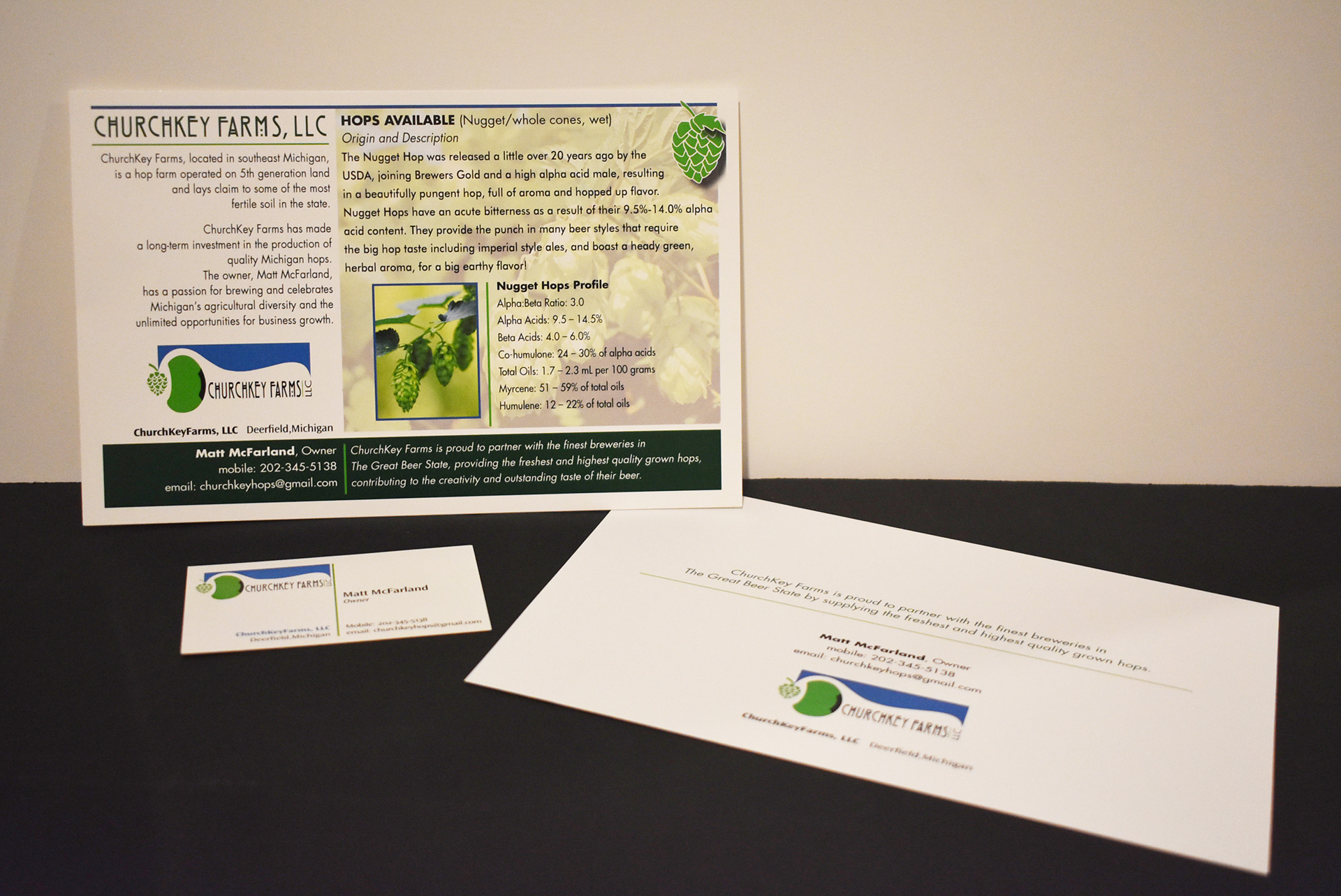 Postcard sent to local beer brewers (in Michigan) that shop for hops, alerting them to use Churchkey Farms hops