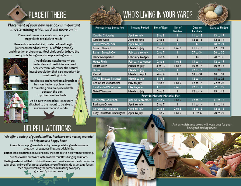 Back flat page of tri-panel brochure for customers looking to attract birds to their yard during nesting season
