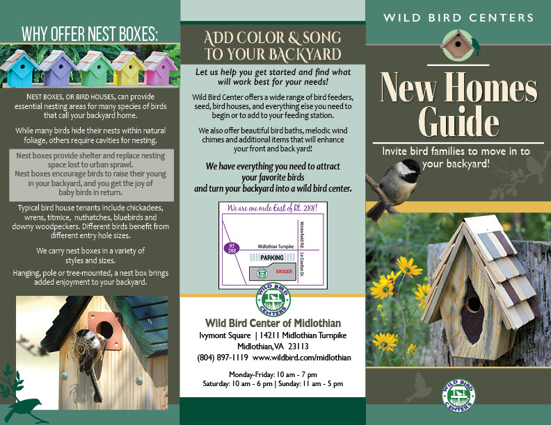 Front flat page of printed tri-panel brochure about backyard bird nesting habits