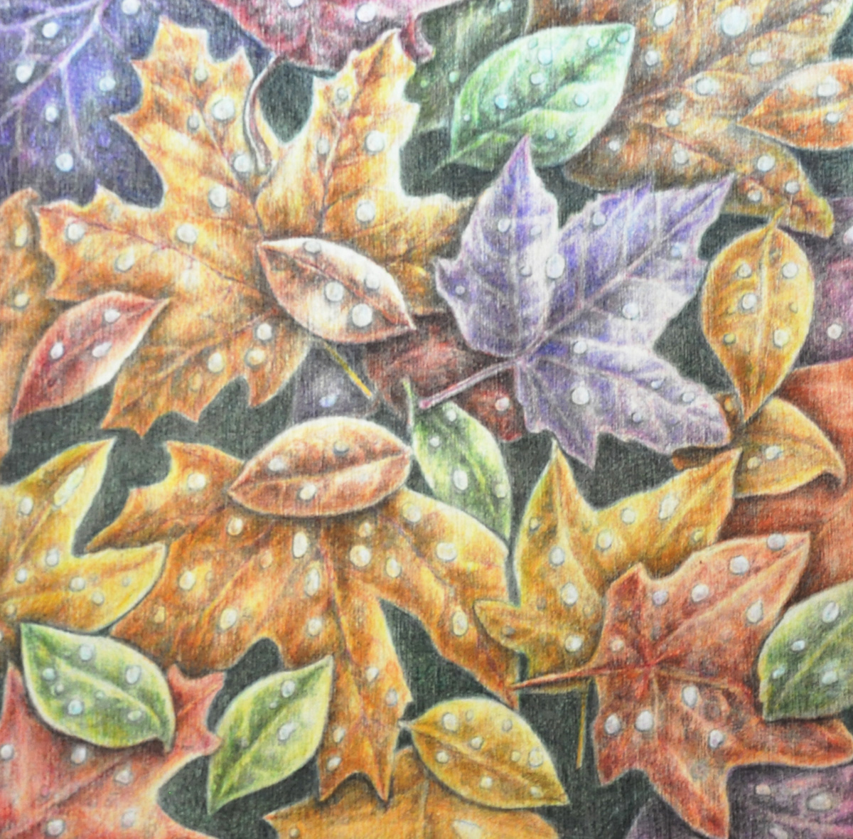 Leaves/Water Drops - Mixed Media on wood