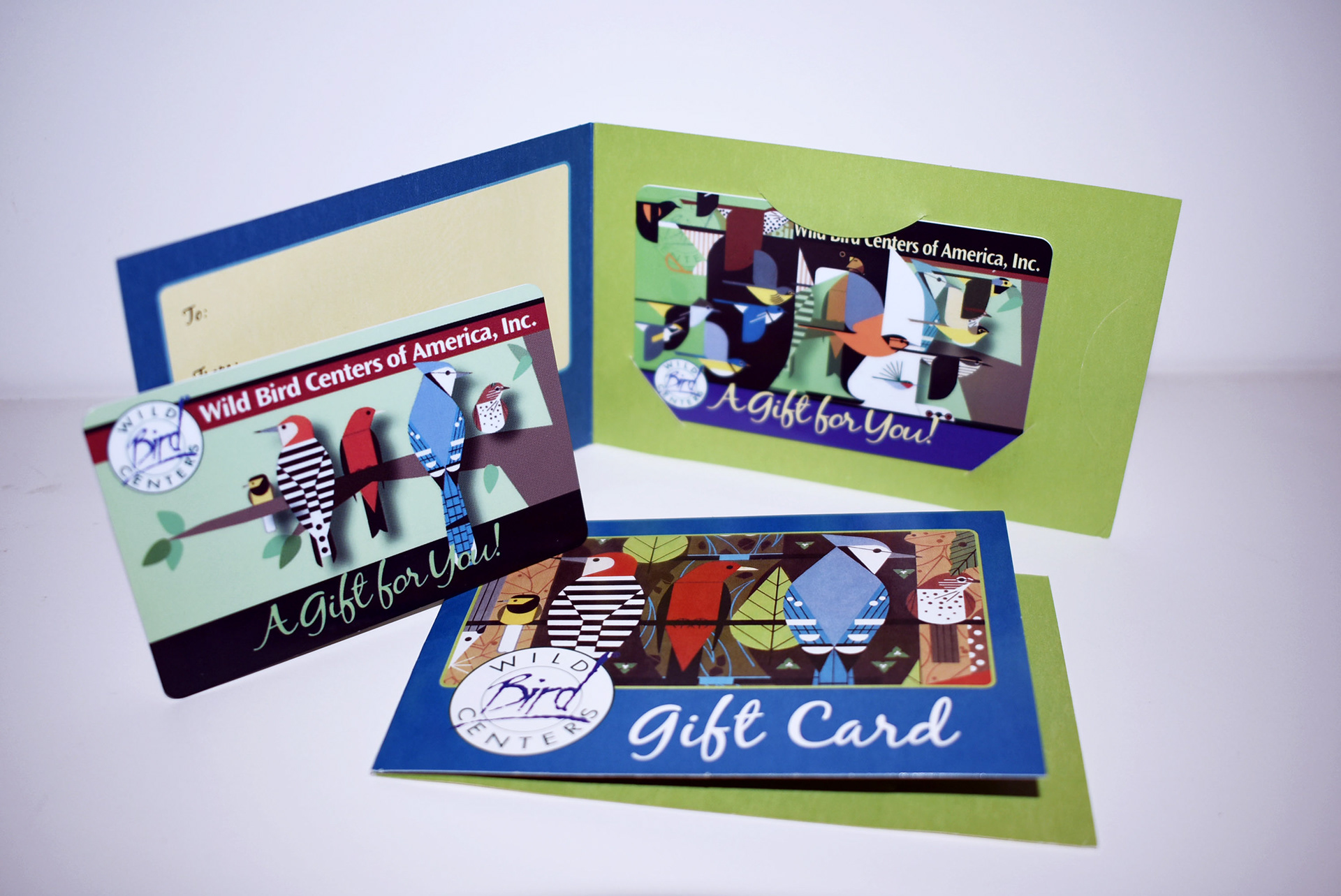 Wild Bird Center store customer gift cards and card sleeve.
