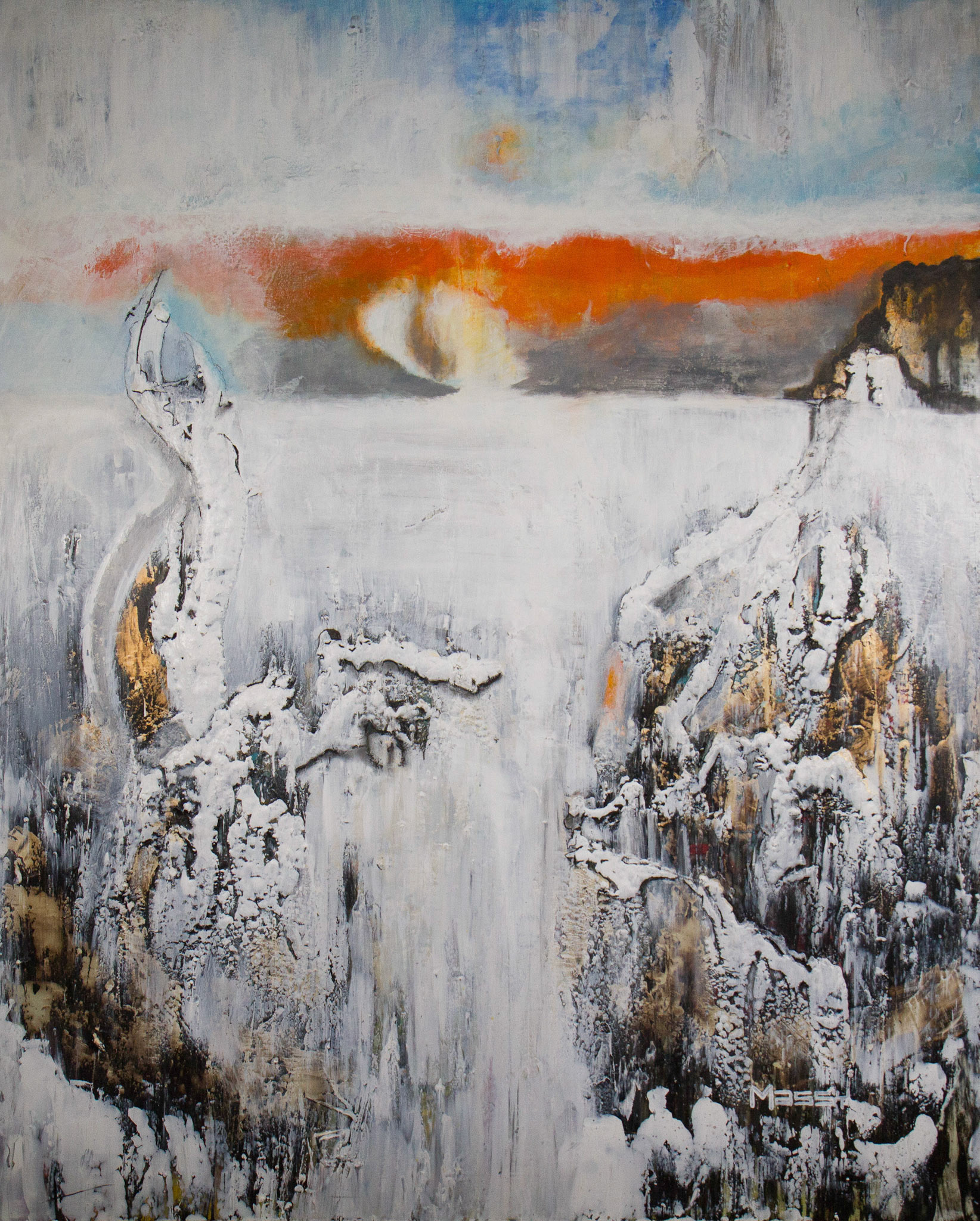 Golden Sunset Falls - 60"x48" - Mixed media on canvas