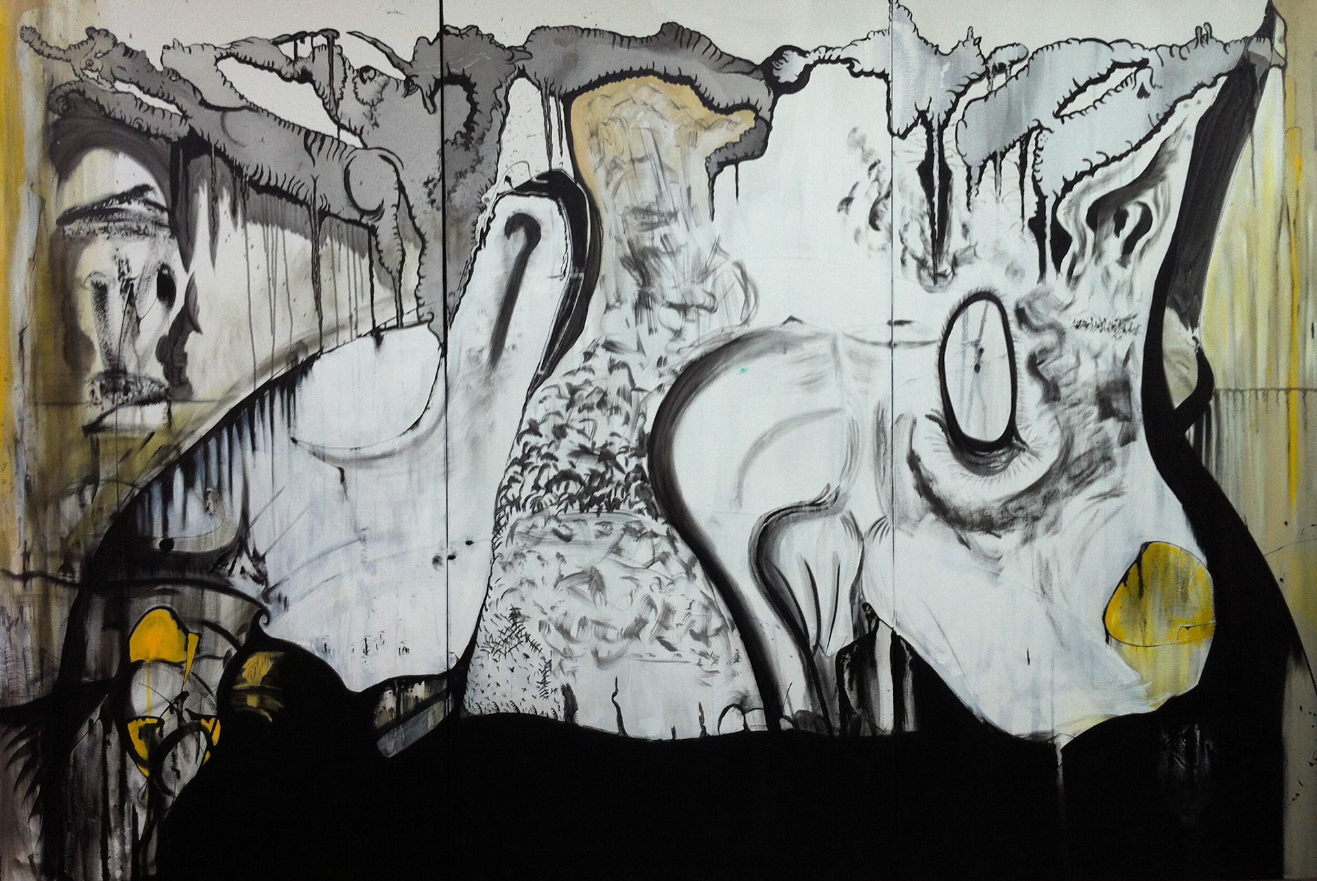 Rabbits in The Moon - 72"x30"(Triptych) - Mixed media on canvas