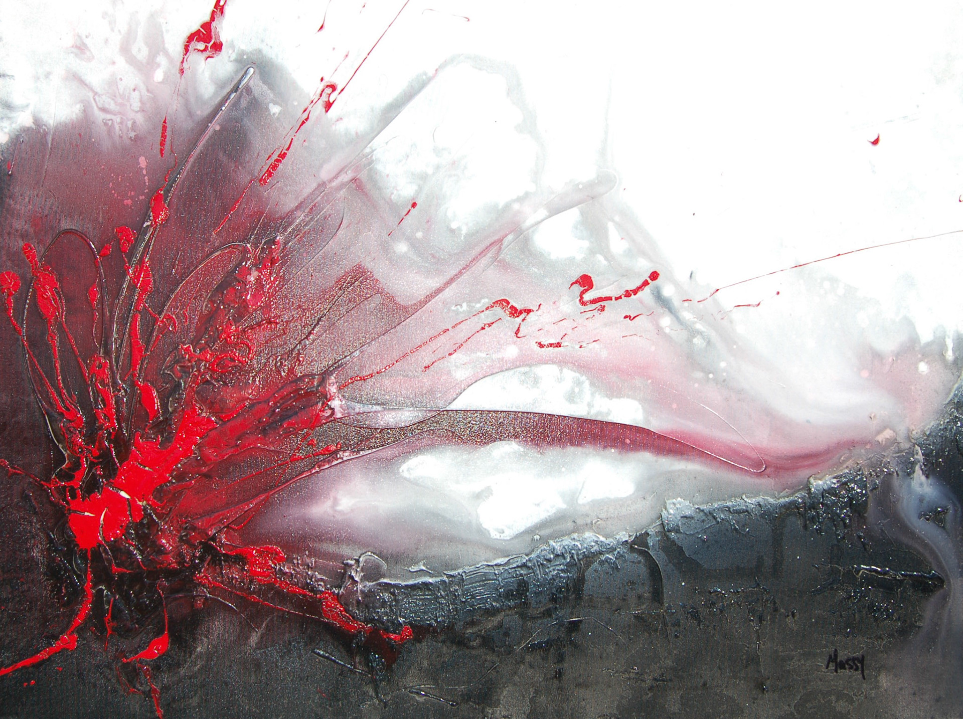 White Sky, Red Eyes - 30"x40" - Mixed Media on canvas