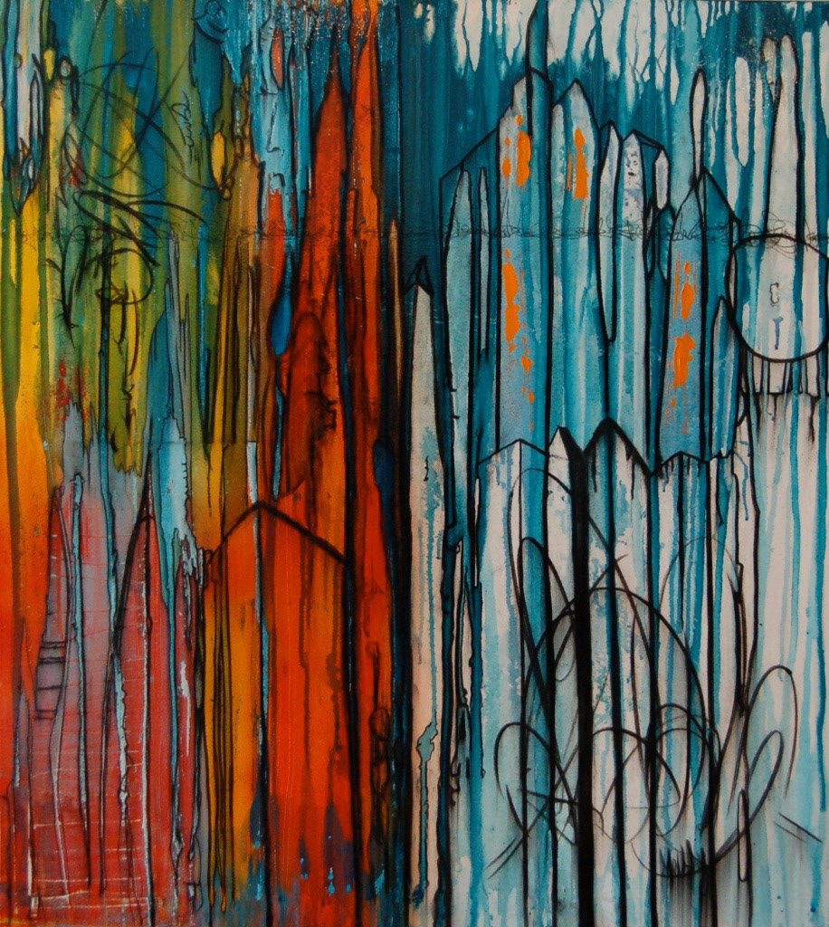 Lifting The Building - 40"x36" - Mixed Media on canvas