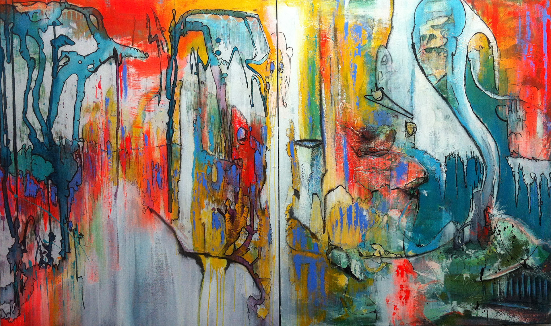 A place of no WAR , A World out of this World - 48"x80"(Diptych) - Acrylic, charcoal, aerosol and resin on canvas