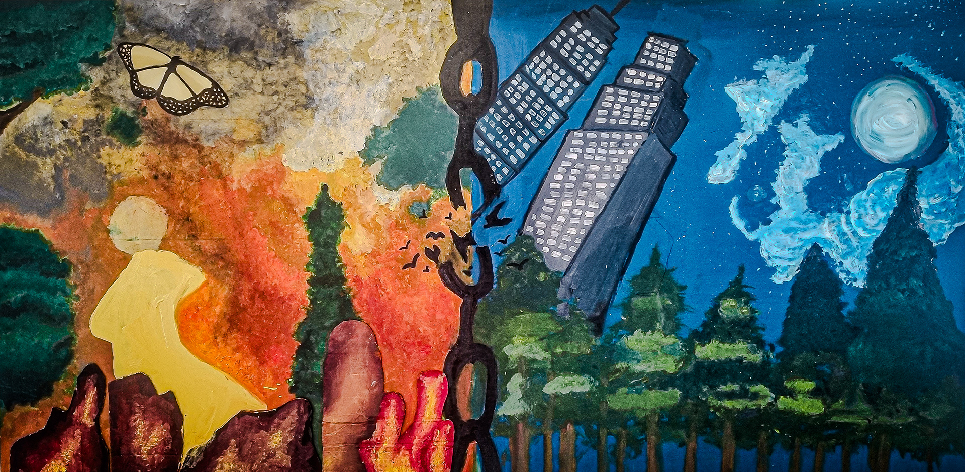Black Tortoise: This piece contrasts current pollution with a hopeful future where technology and nature coexist harmoniously. The division between night and day illustrates the transition from a polluted present to a balanced future.