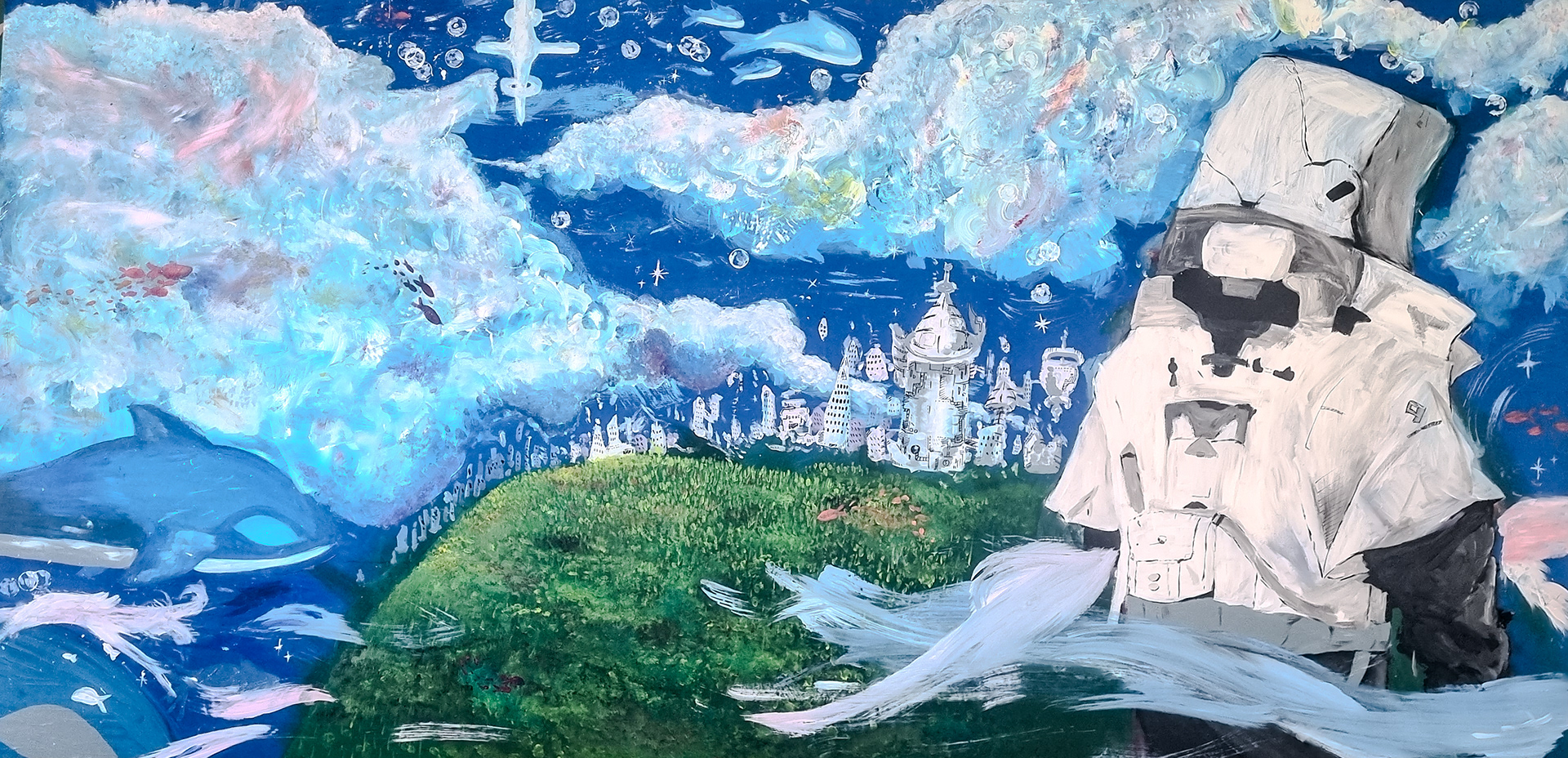 Blue Dragon: Their artwork envisions humanity's future, led by a space-age leader. Morse code signals and the guiding figure emphasize survival and discovery. The orca in the clouds symbolizes hope and transformation.