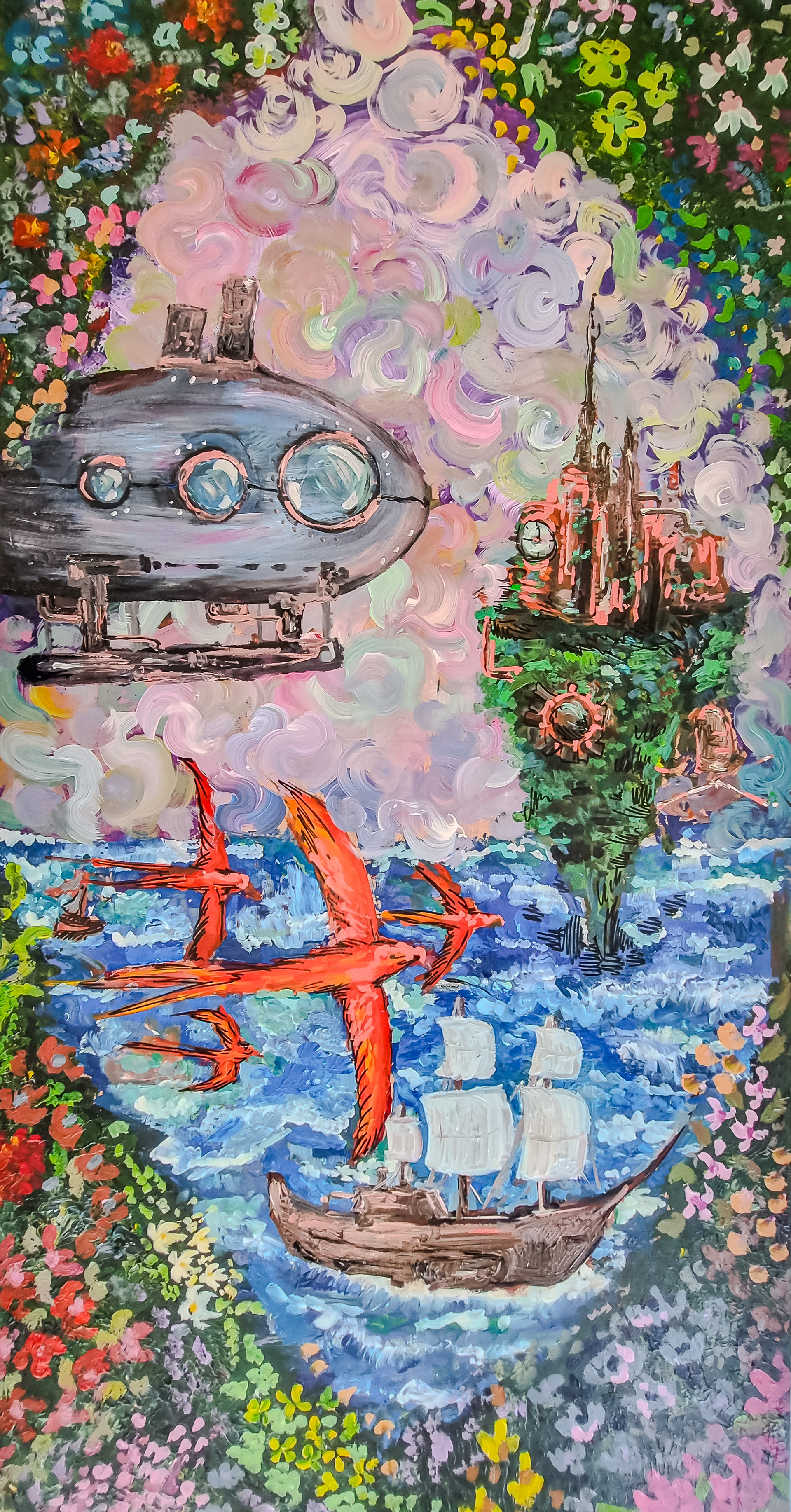 Red Rose Finch: This steampunk-inspired piece features a zeppelin shaped like a fish and a soaring Rose Finch. The floating island and vibrant contrasts highlight adventure and technological marvels, showcasing imaginative brushwork.