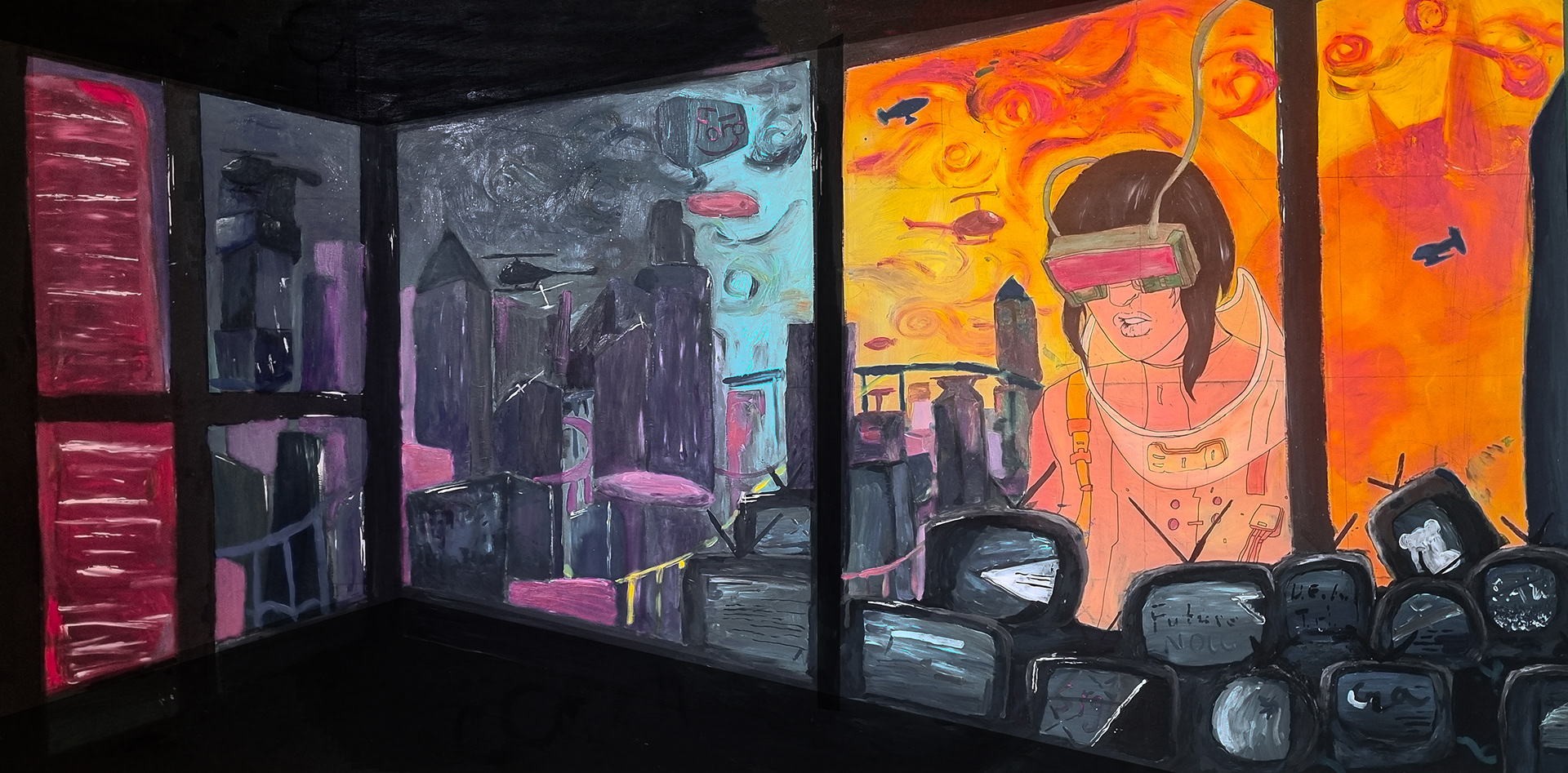White Tiger: Inspired by "Brave New World," this artwork portrays a neon-lit cyber city. It explores technology's impact on emotions with cyberpunk neon colors and glow-in-the-dark elements, reflecting the allure and disquiet of a tech-driven society.