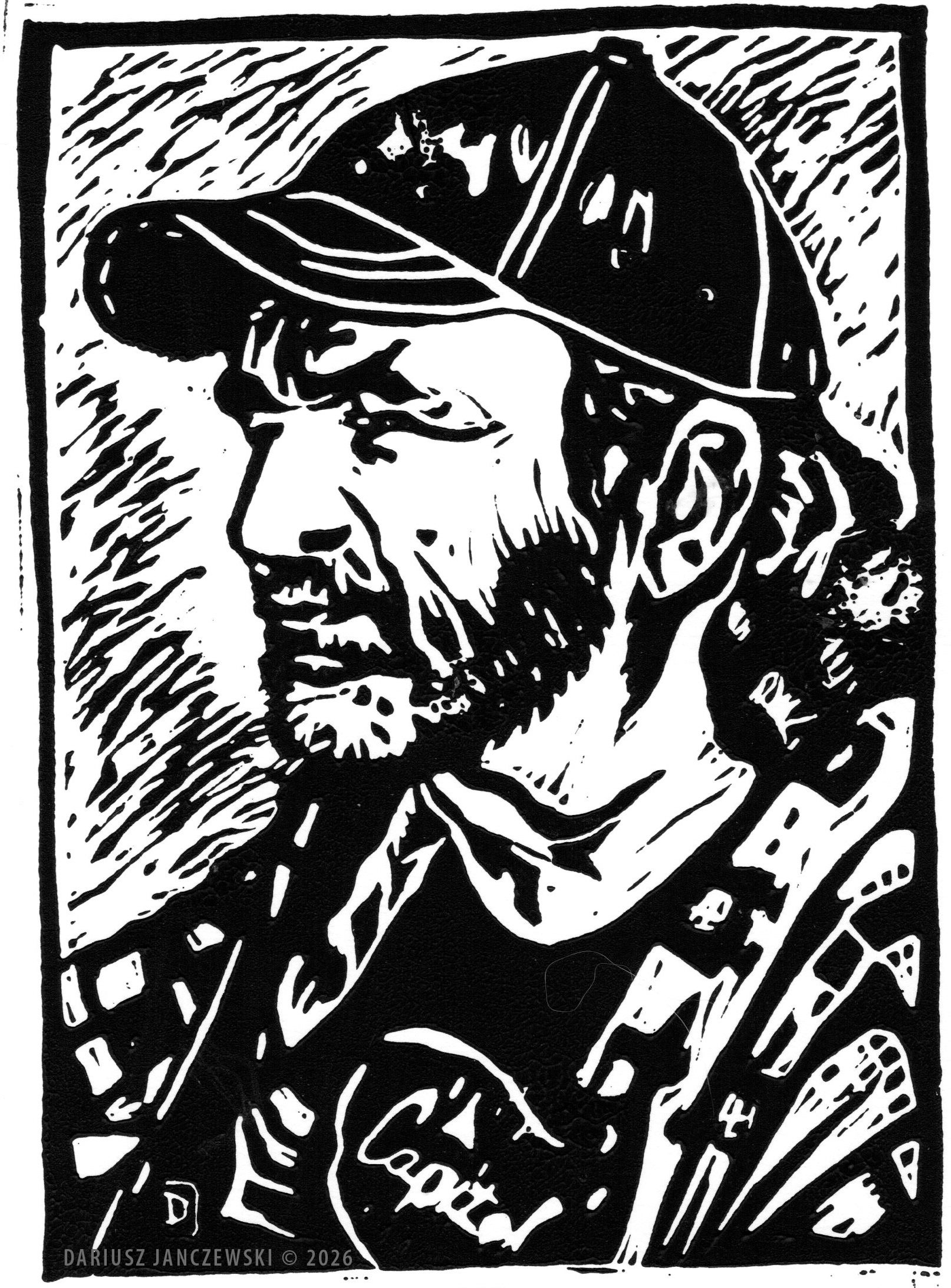 Story #3: THE ONE THING IN COMMON. Linocut. 2026