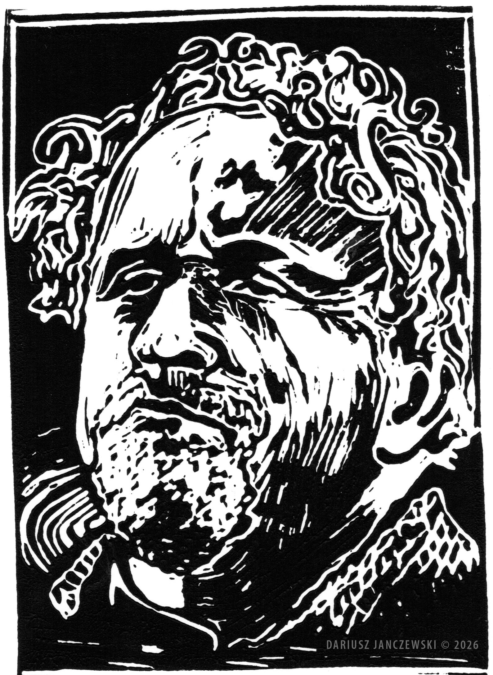 Story #34: TURNING OF THE TABLES. 5.25"x7.25". Linocut.