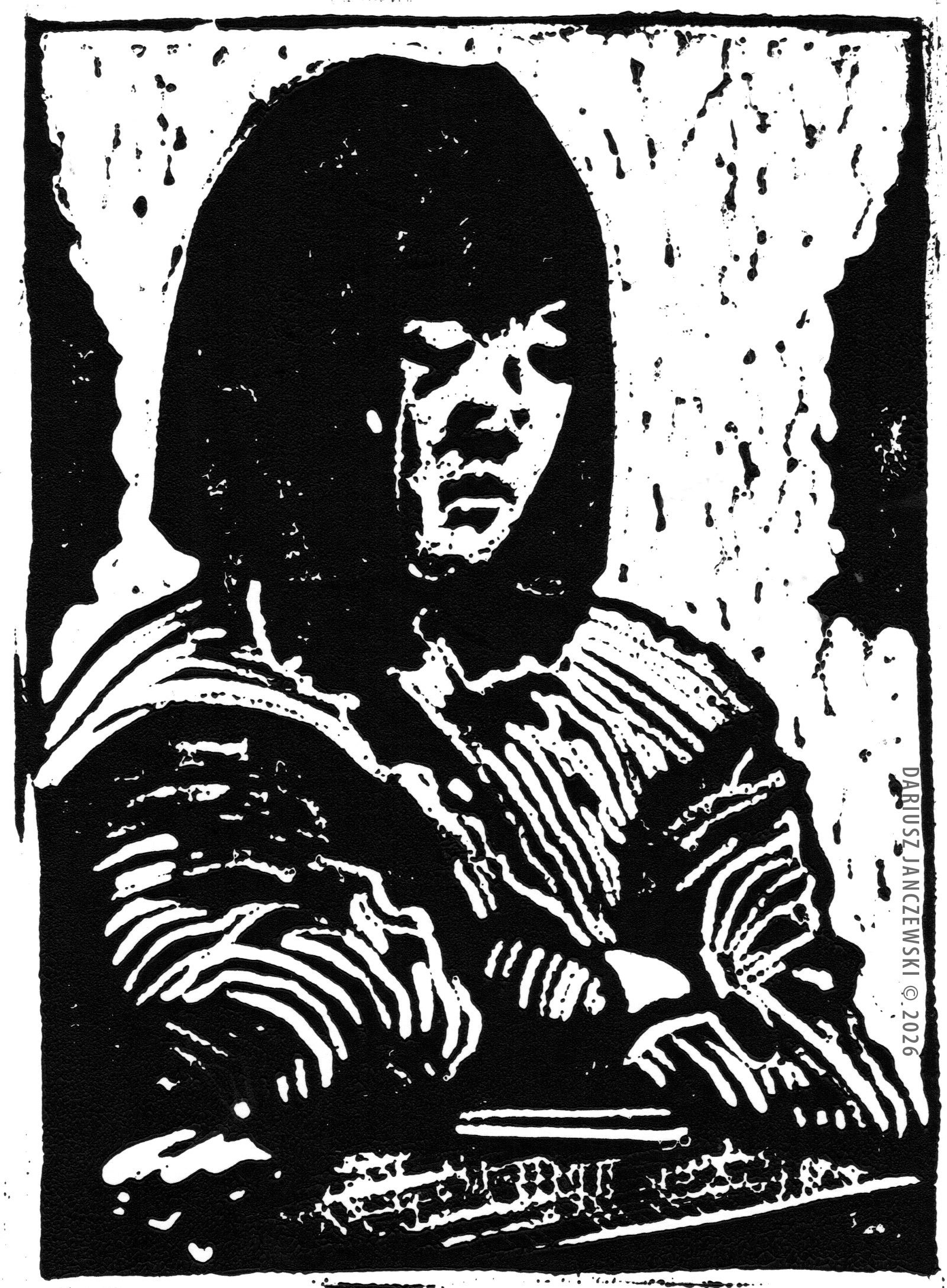 Story #35: ONE MORNING COMMUTE. 6”x8” Linocut. 2026