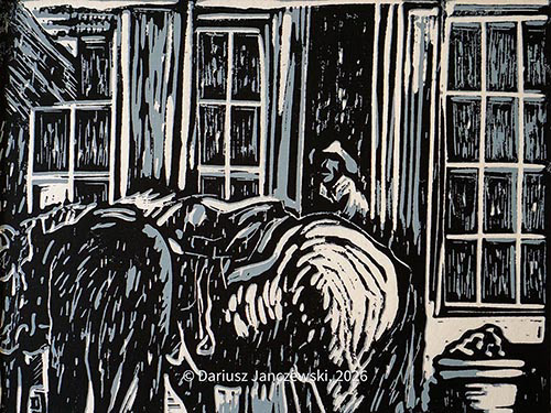 Rain [6"x8" reductive linocut. 2026]