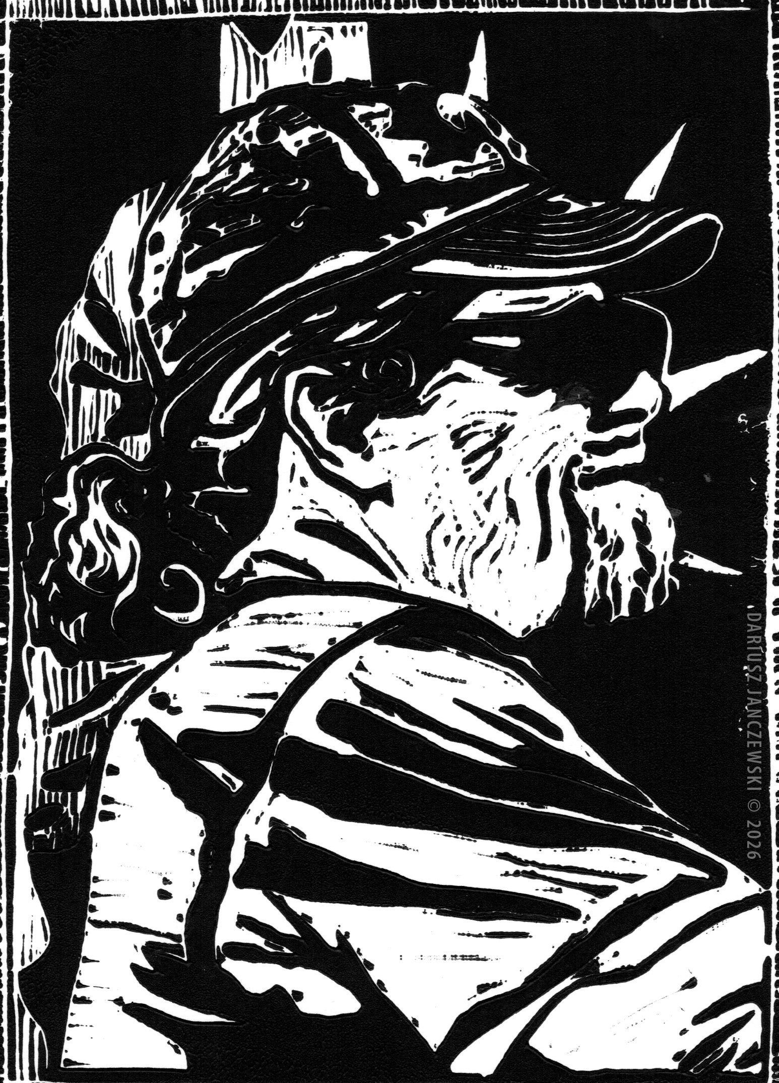 Story #38: THE MEPHISTOS OF THE ELLIS ISLAND. 5.25”x7.25” Linocut. 2026