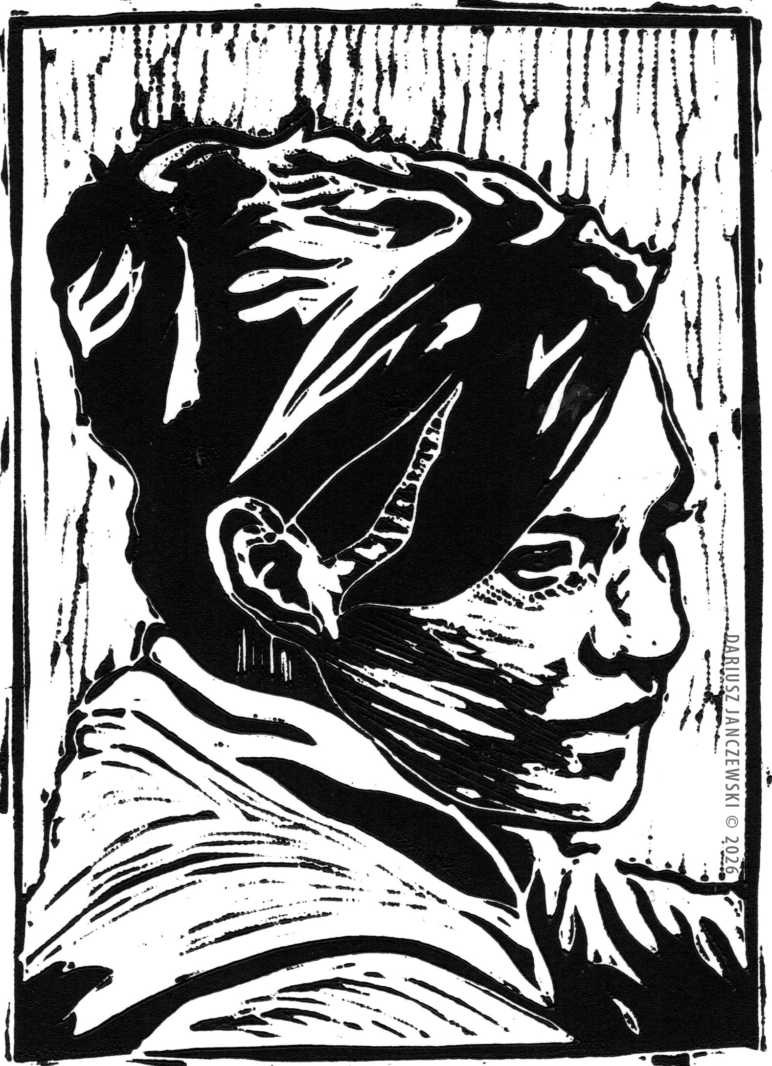 Story #41: THE NIGHTHAWKS. 5.25"x7.25" linocut.