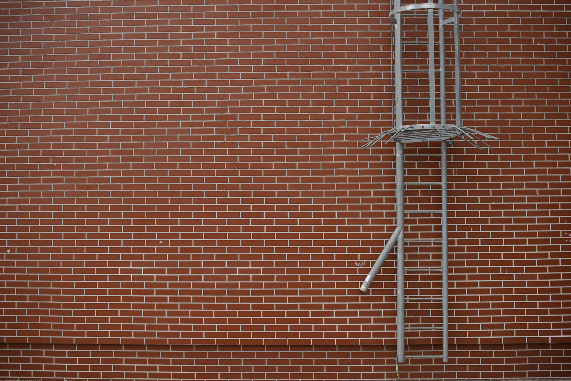 Red brick wall with a fixed industrial metal fire escape ladder
