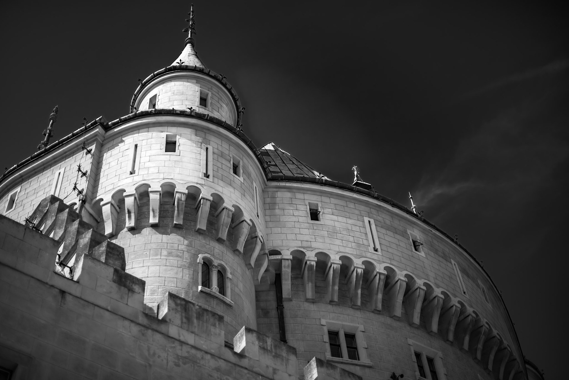 Historic castle or fortress in black and white photography