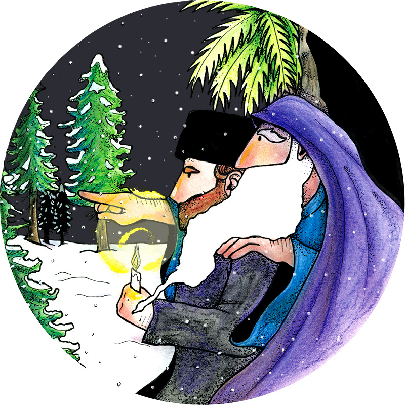 A Rabbi is led through the snow by Elijah