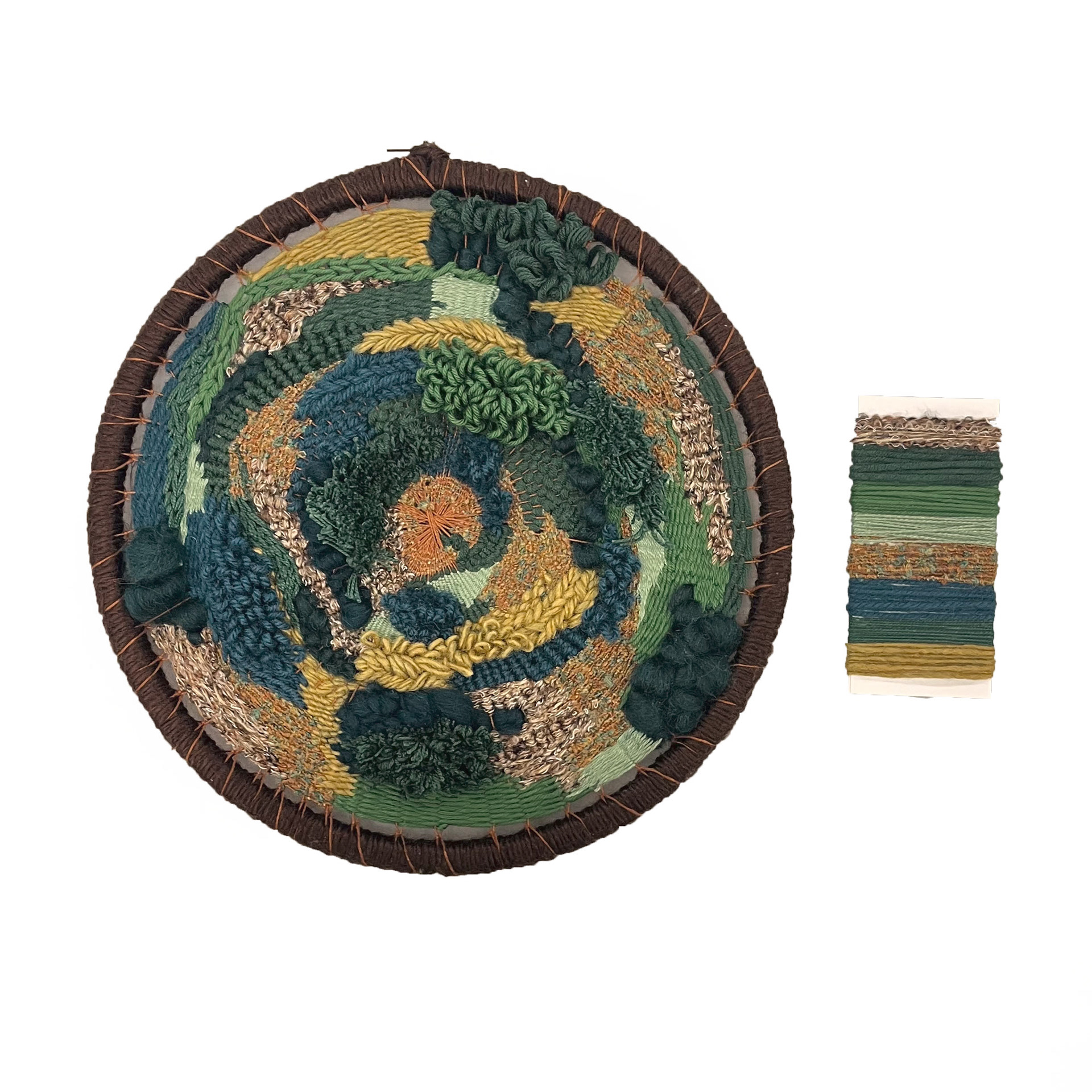 Medium: handwoven assorted yarns on embroidery hoop, 10x10"