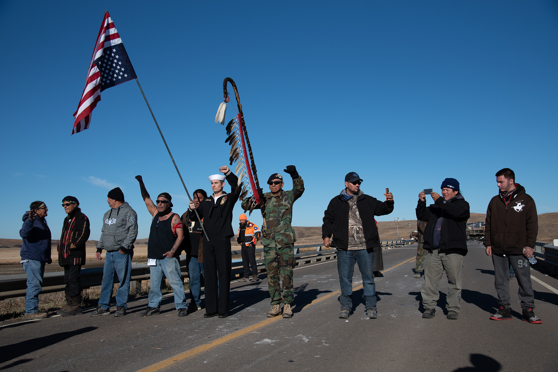 Native American veterans join the protest of water protectors on Backwater Bridge near Cannon Ball, North Dakota.