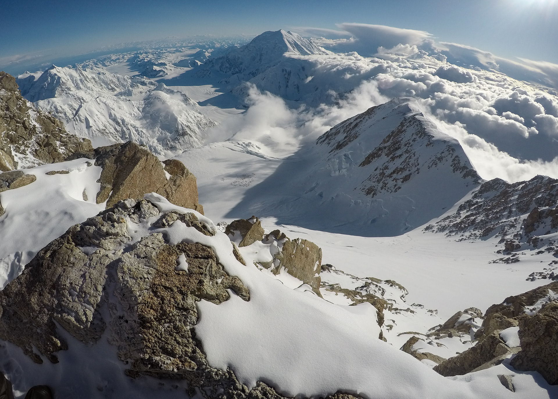 From 17,200 ft camp on Denali, Alaska. Camp 14,200 ft is located (tiny dots) in the center of the image.