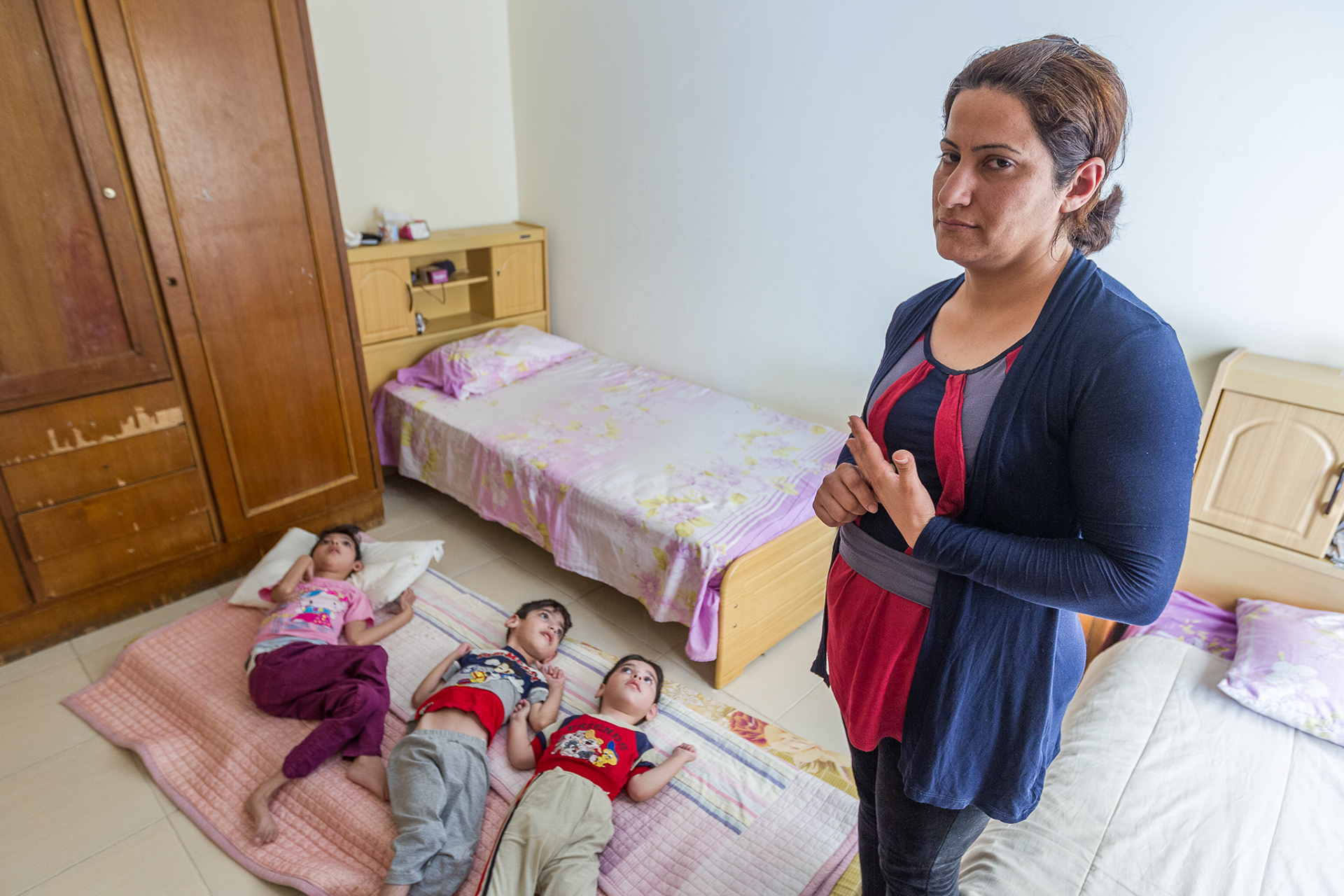 Noor (9), Zuhair (6) and Matti Ablacht (4), children with cerebral palsy, along with their mother Zena and extended family, were displaced from Qaraqosh on the Nineveh plain south of Mosul when ISIS forces attacked the mostly Christian town. They now reside with 16 other family members in a two bedroom home in Erbil, Iraq. Having fled Qaraqosh, the Ablacht family has few resources to provide for the special needs of their children.