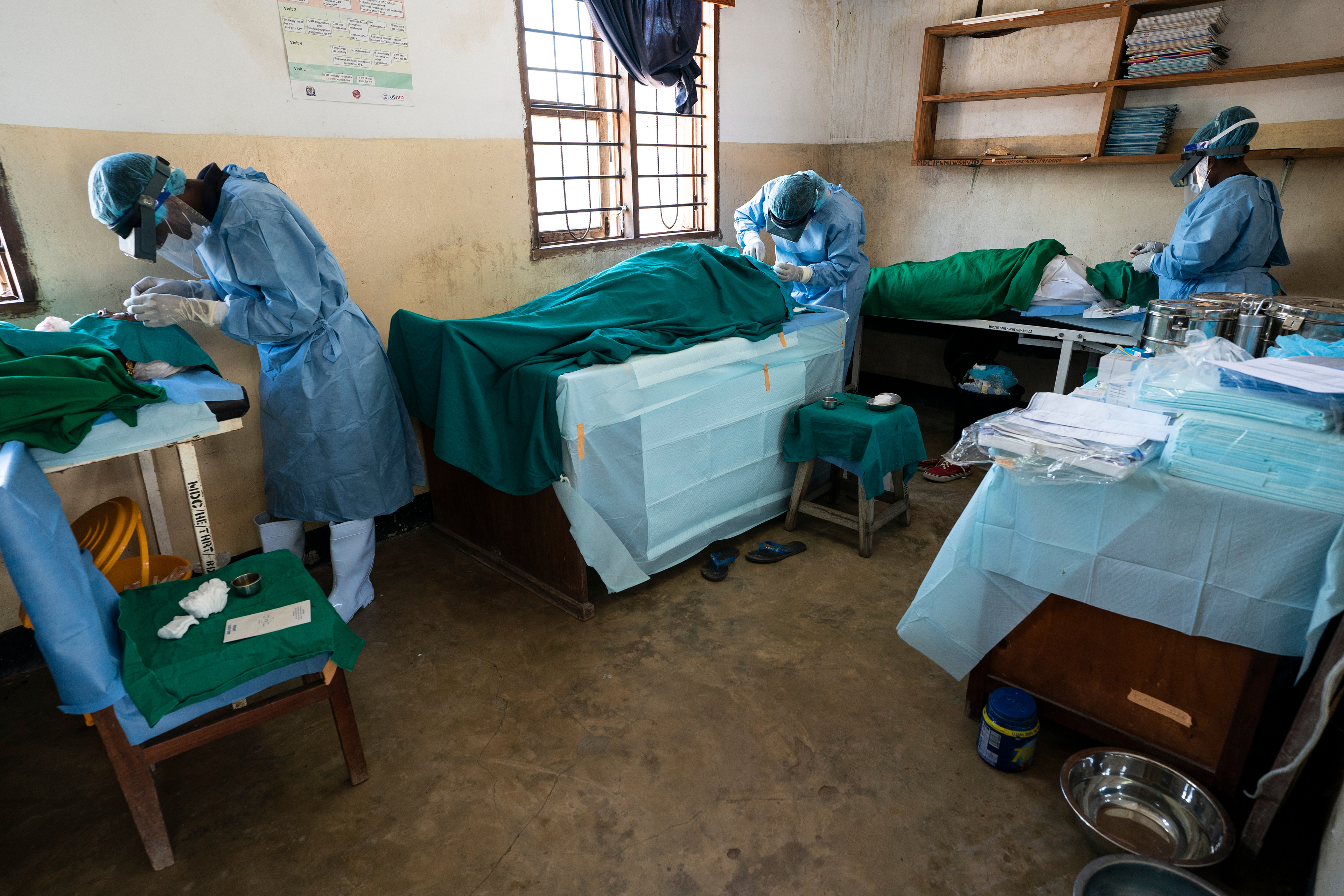 Three trained nurses perform trachoma surgeries at the Mkuranga District Hospital near Dar Es Salaam, Tanzania.