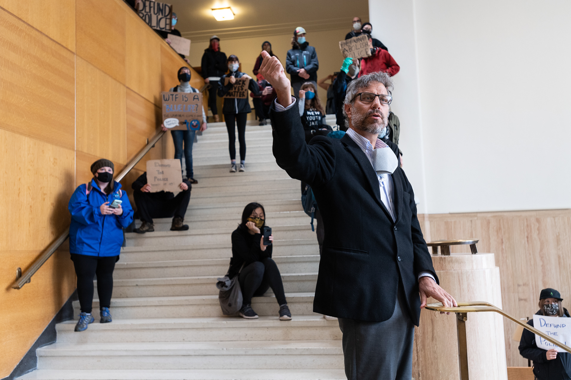 Bellingham Mayor Seth Fleetwood responds to demands for defunding the police and reallocation of community resources after protestors entered city hall on June 15, 2020.
