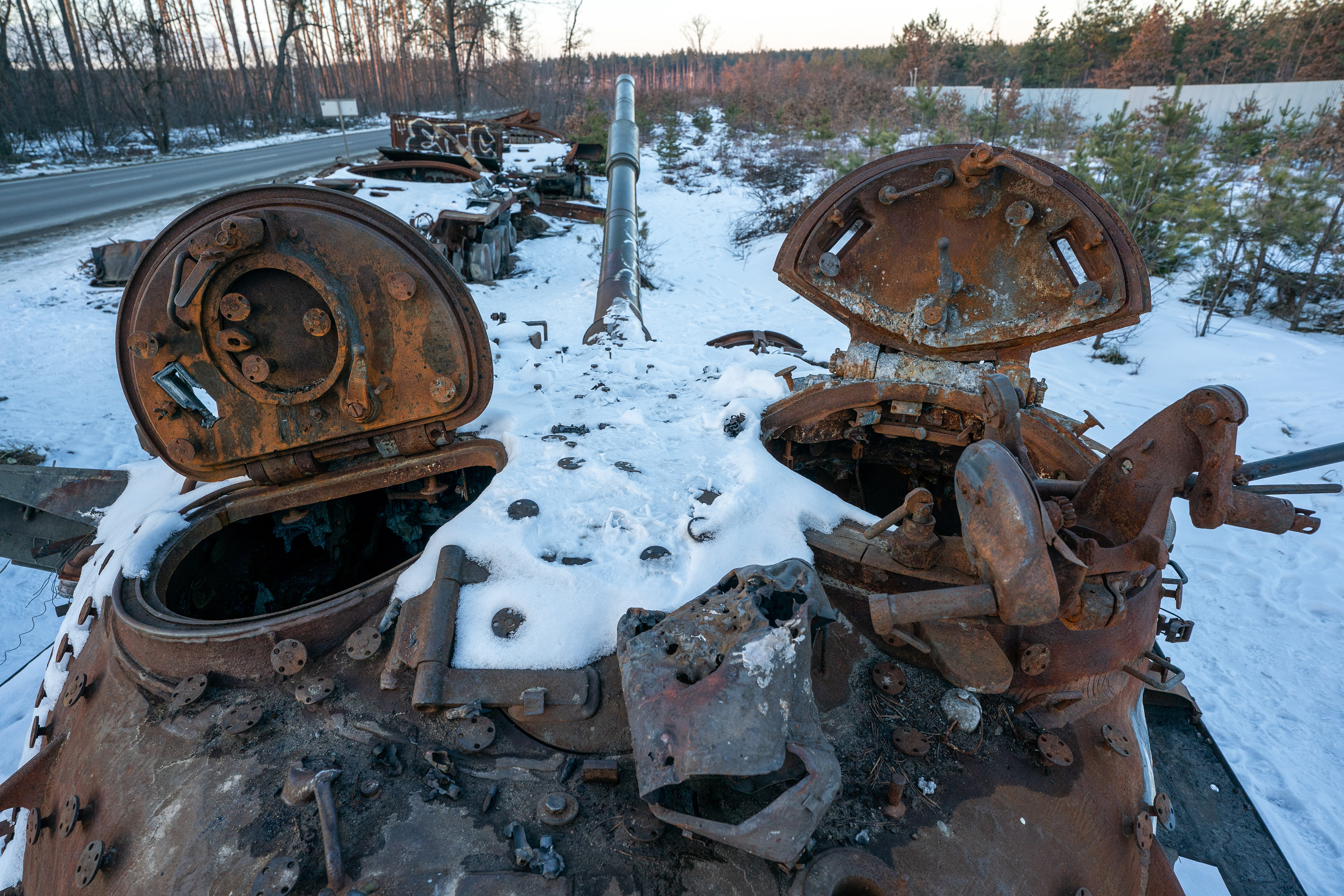 Destroyed Russian thanks and personnel carriers along the road between Kyiv and Bucha are a reminder of Russian losses in the spring and summer of 2022.