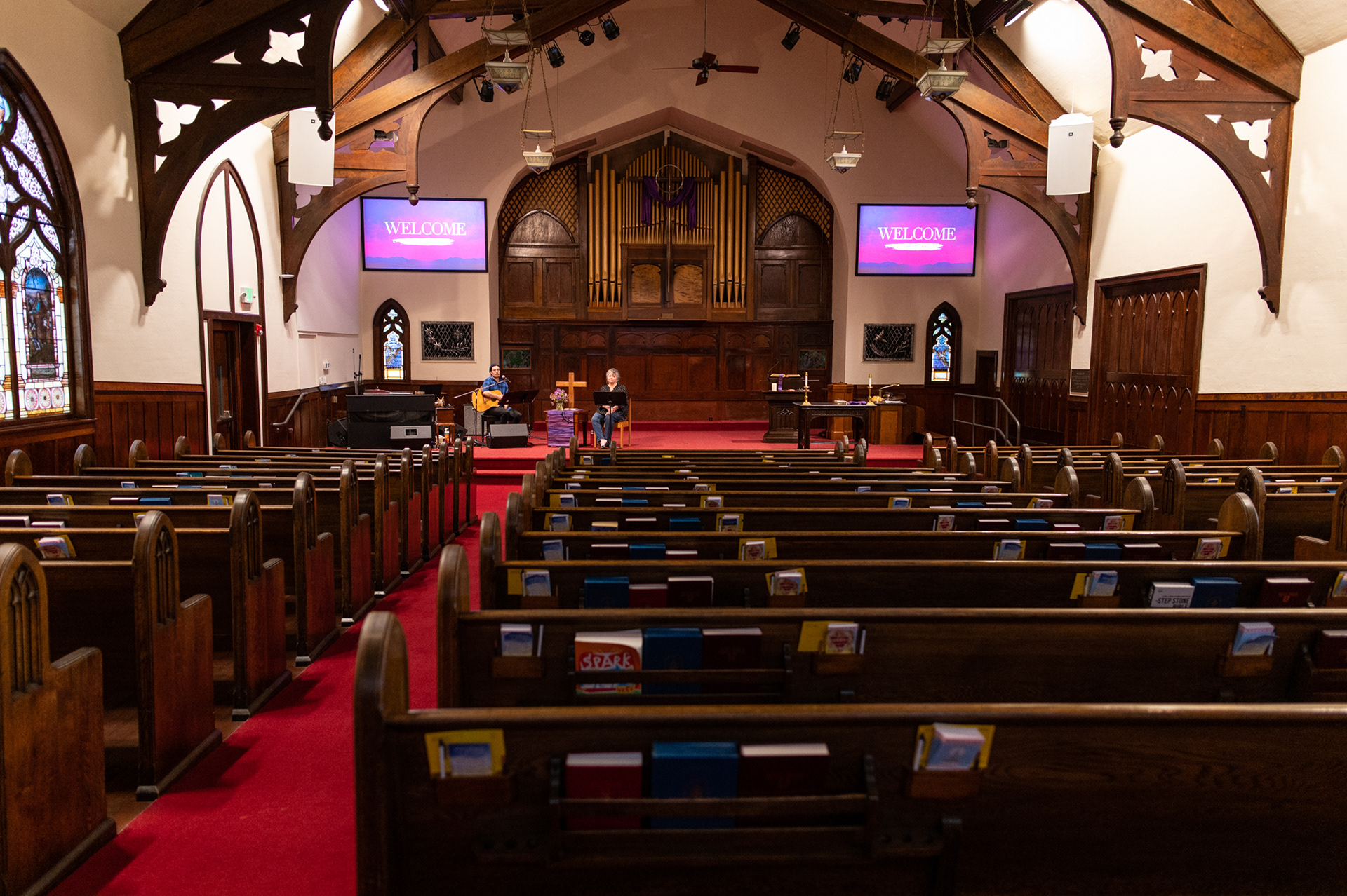 Good Friday services are live streamed to the empty Westminster Presbyterian Church in Anacortes, Washington.
