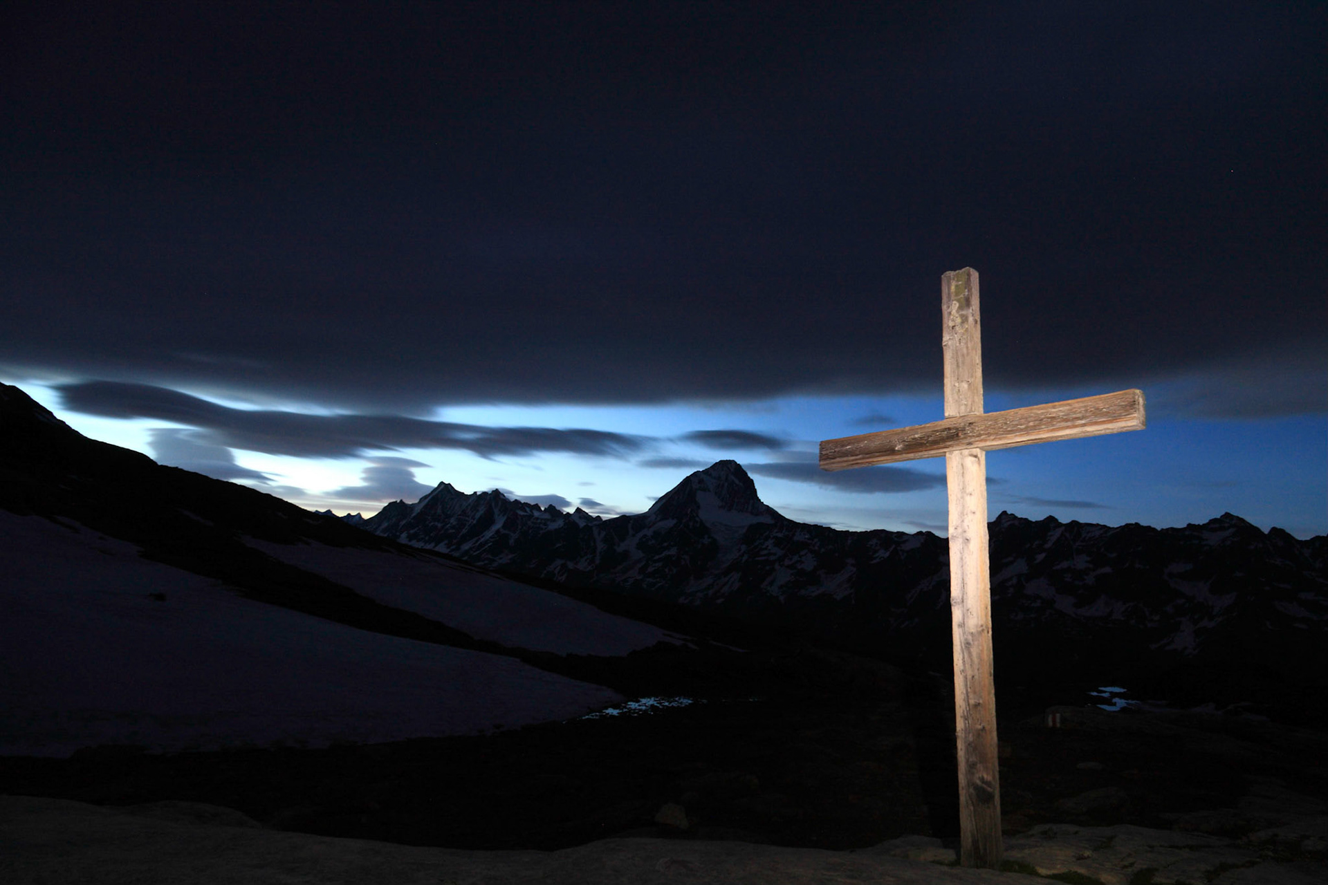 This was my third shot of this daybreak.  First just the landscape, then added the cross as silhouette FG, and then lightpainted it with my headlamp.  Liked this best.