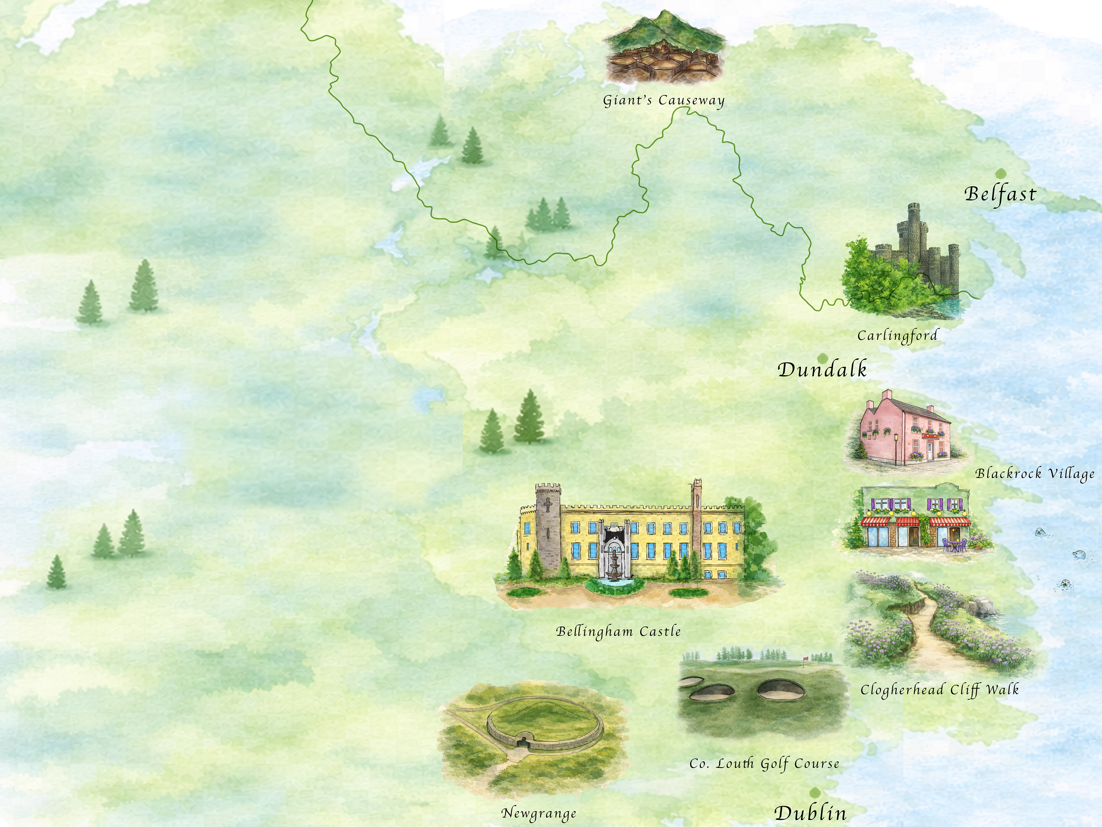 Disciplines combined: Architectural illustration · Watercolor illustration · Map design · Visual storytelling