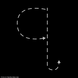 Space-themed lowercase q construction.