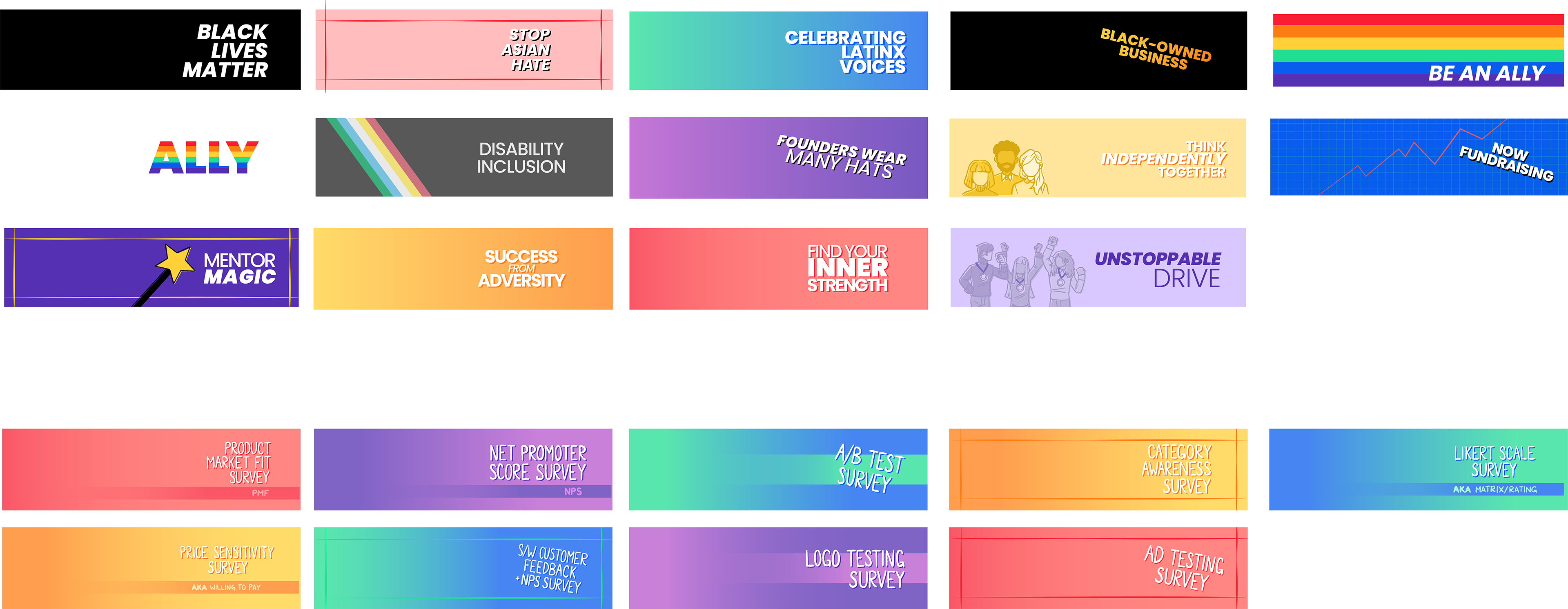 Mockups of profile banners for StartupOS accounts.