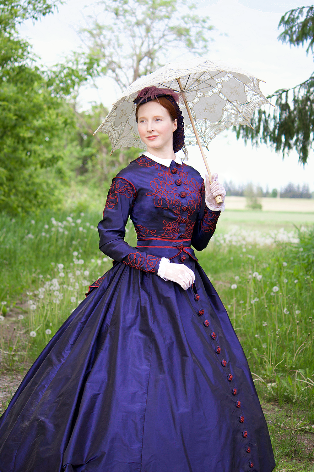 1867 silk taffeta gown with handsewn soutache braided detailing. Enquire for Couture pricing