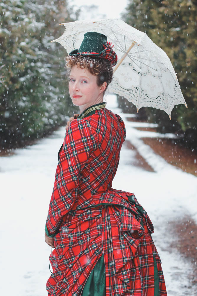 1880s bustle dress in tartan and green