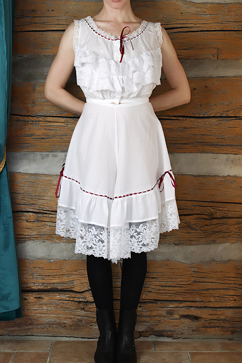 Edwardian undergarments in cotton with lace detailing.