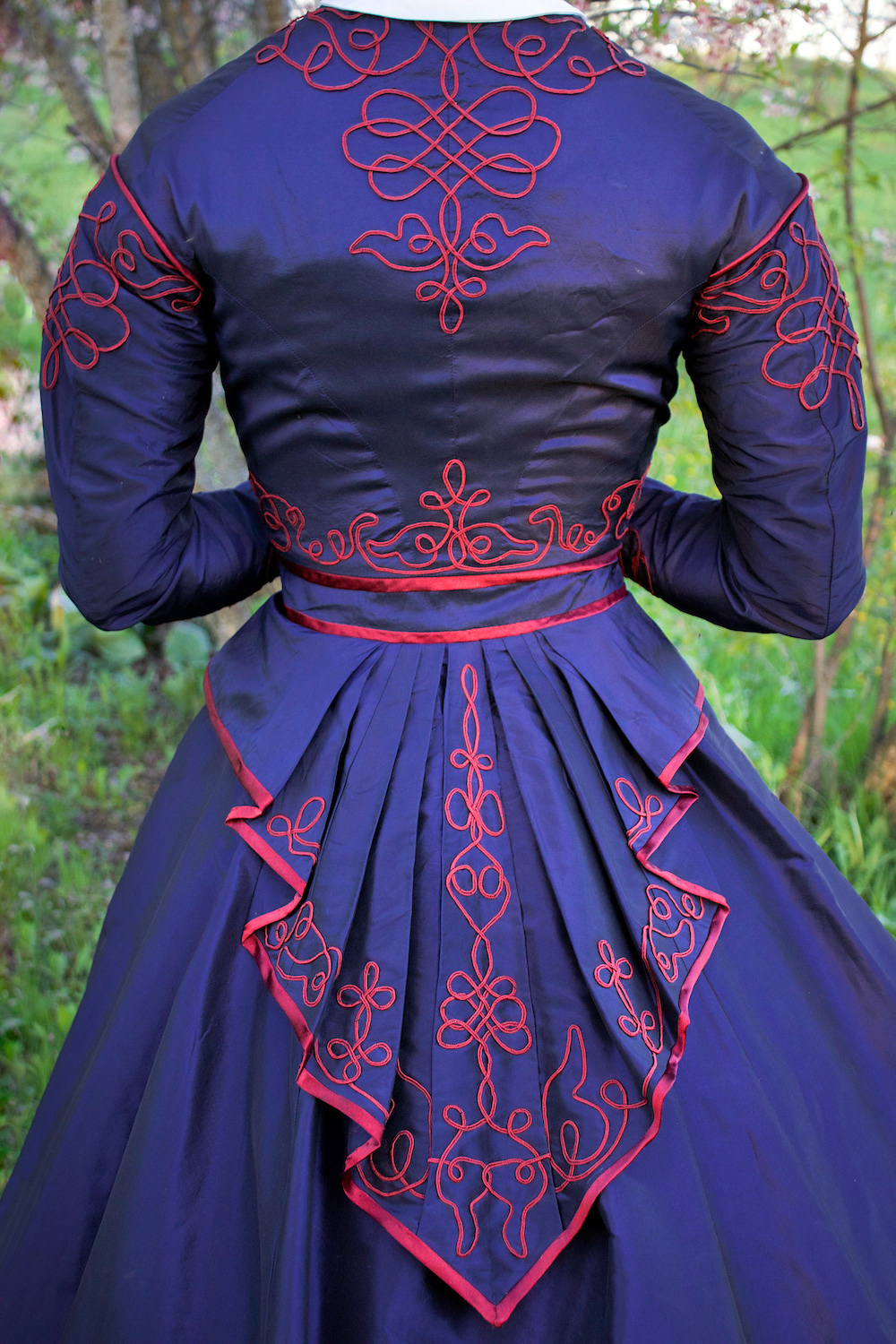 1867 silk taffeta gown with handsewn soutache braided detailing. $35/m of soutache detailing.