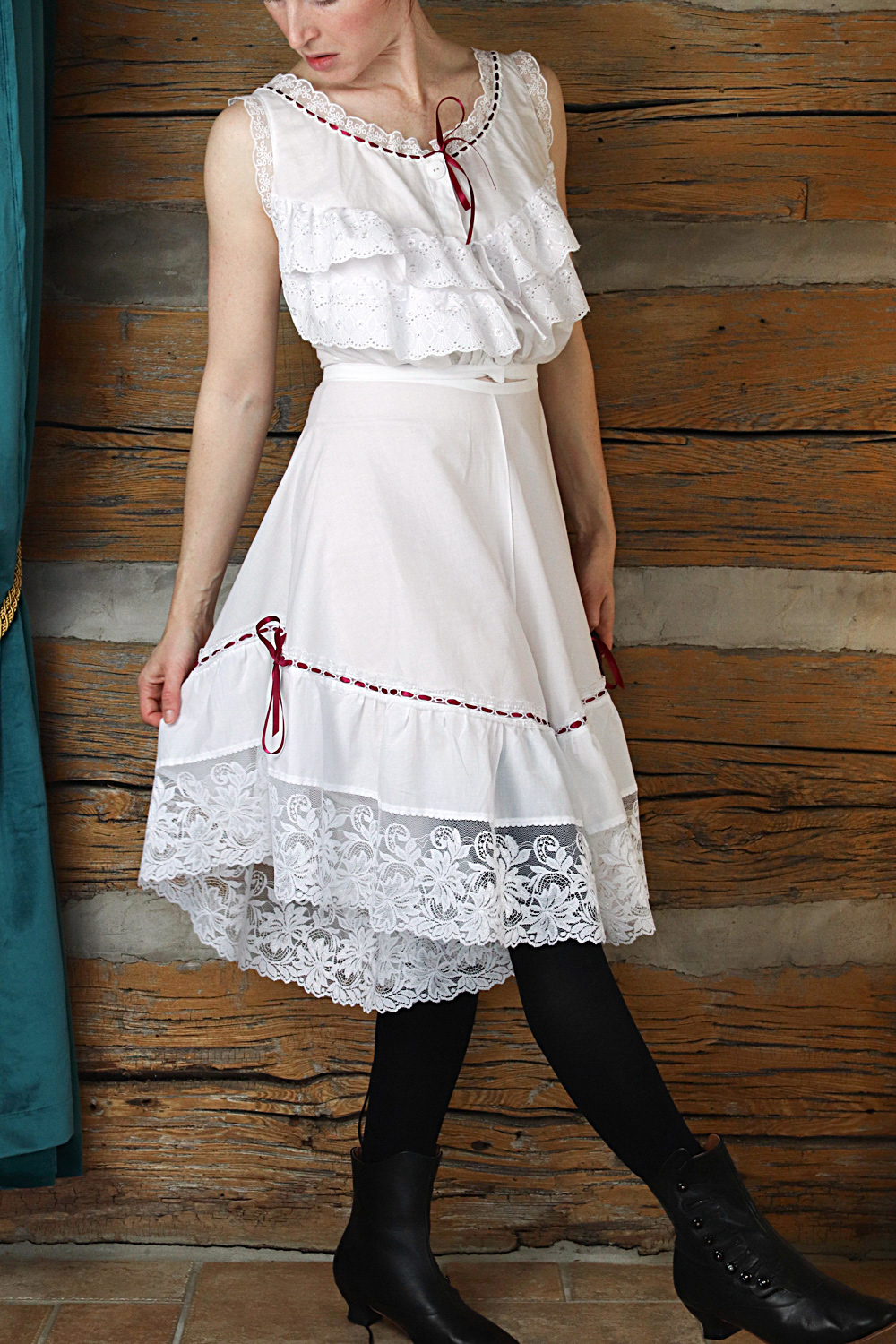 Edwardian undergarments in cotton with lace detailing.