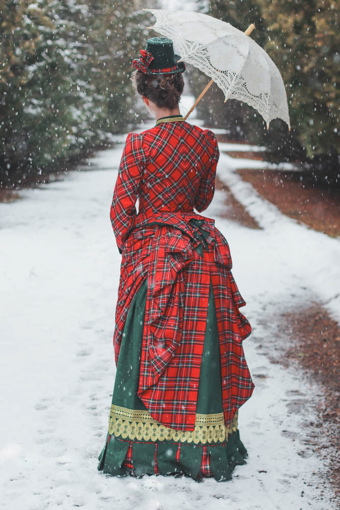 1880s bustle dress in tartan and green