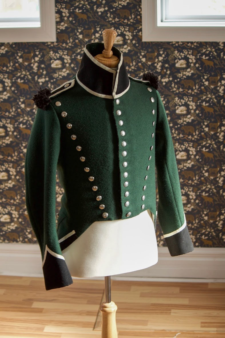Glengarry Light Infantry war of 1812 coat in 100% wool with pad-stitched standing collar and hand-sewn trim.