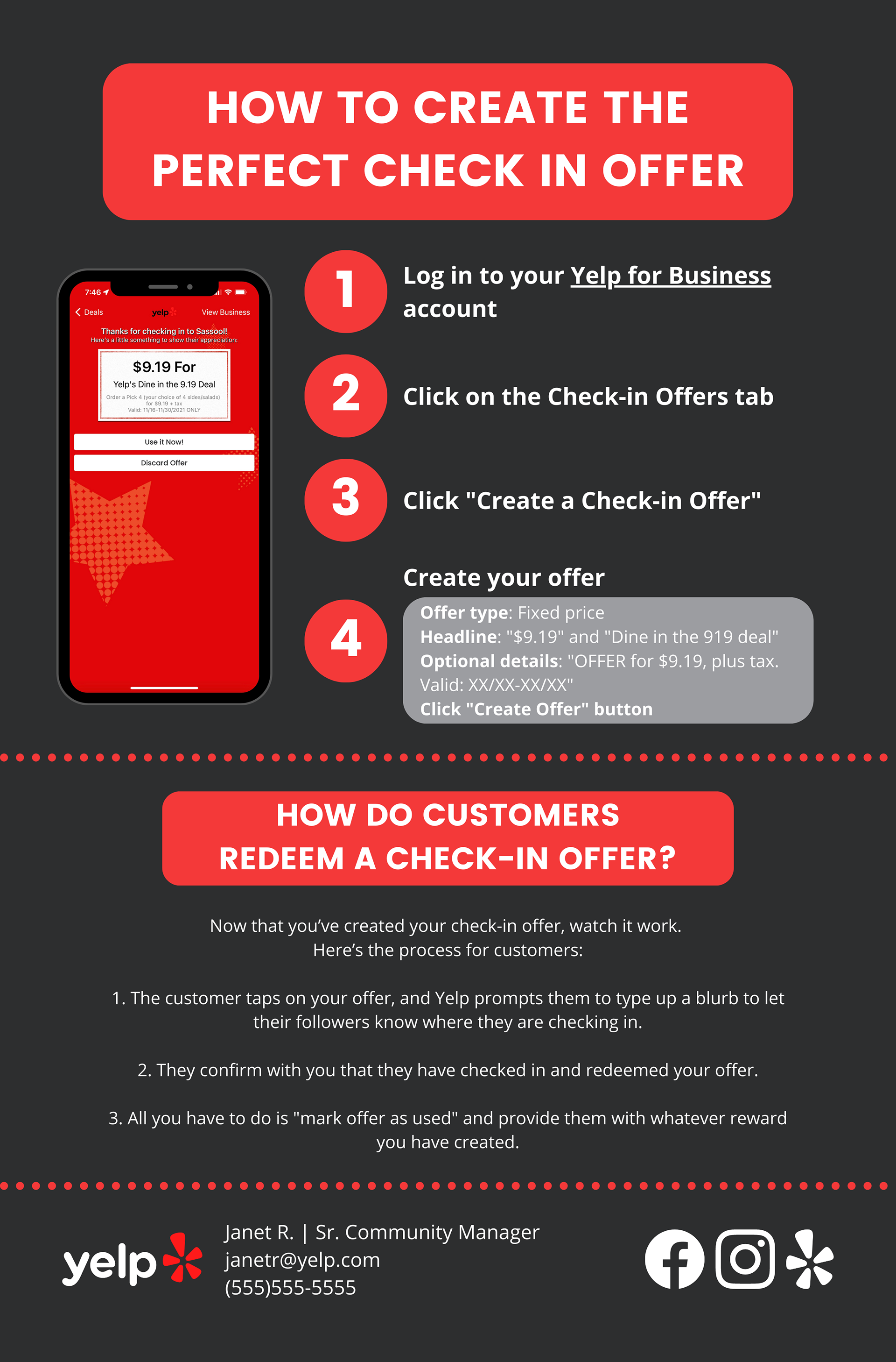 Instructional page I designed to help business owners create their perfect check-in offer as a part of my Dine in the 919 campaign