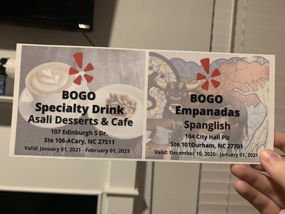 Pair of coupons I created for two local businesses - these were included in each gift bag at an event hosted in 2020.