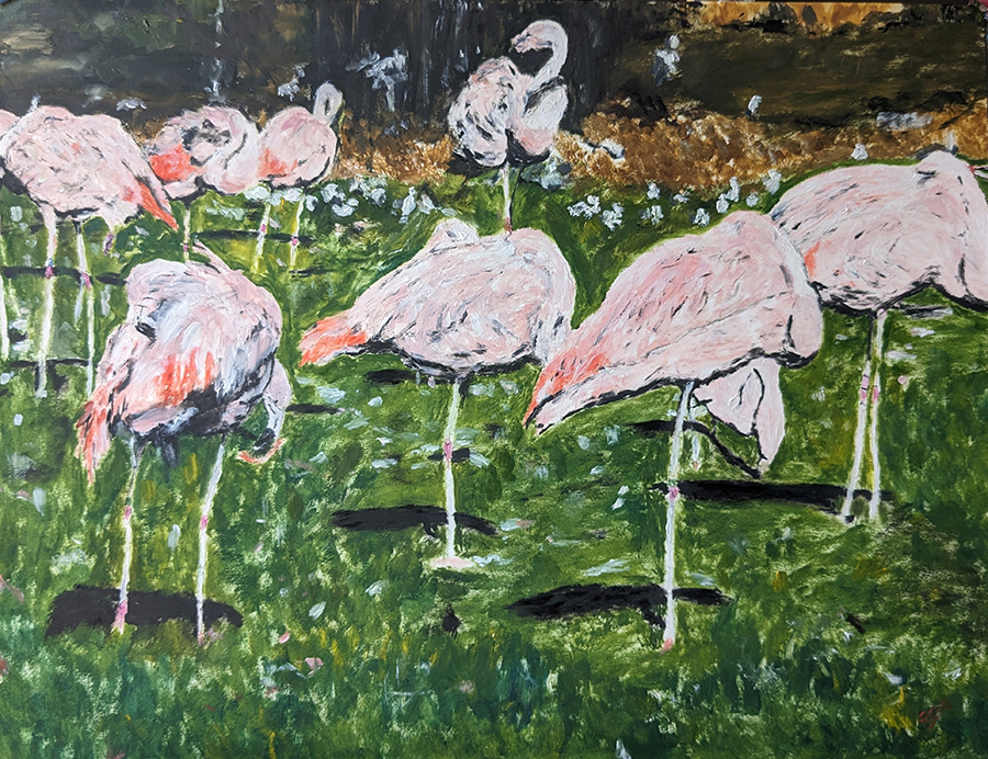Impression flamants roses, huile sur papier, 65x50cm, septembre 2023