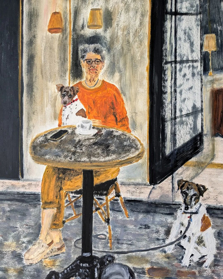 Au café, huile sur papier, 57x42cm, juin 2024