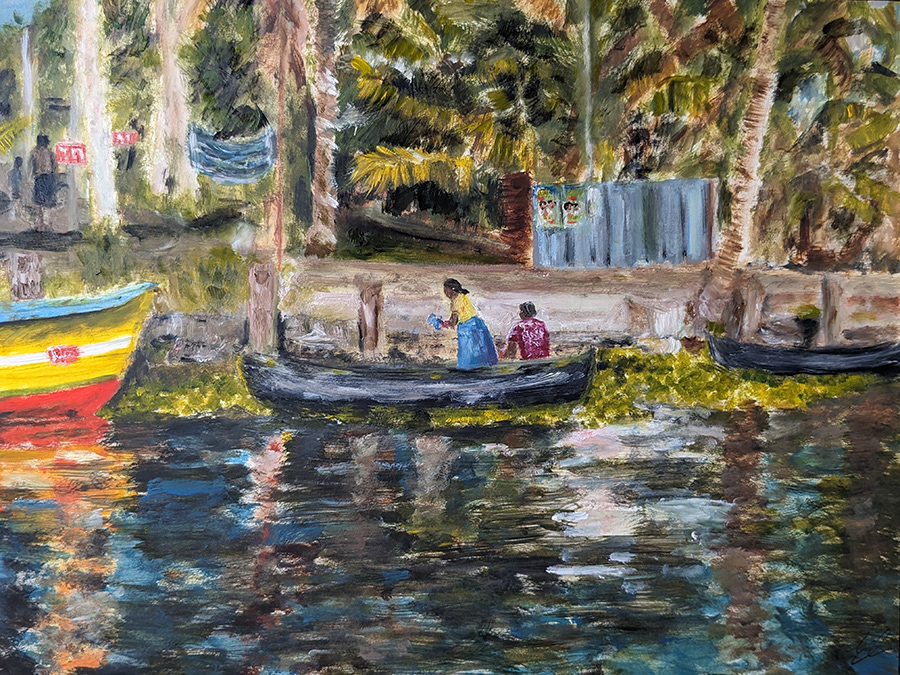 Backwaters, Allepey, Kerala, India, huile sur papier, 65x50cm, avril 2024